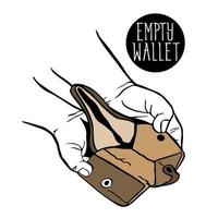 sketch in the hands of an empty open wallet. An open leather wallet without money and coins. An empty wallet in two hands without money, coins. The money crisis. fight poverty vector