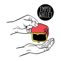 sketch of hand with an empty wallet. An open pink wallet without money. An empty wallet in two hands without money, coins. The money crisis. fight poverty and lack of money. vector