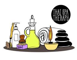 set of various items needed for SPA or Thai massage. Thai spa therapy.  many of items - oil, brush for dry massage, clean bath towel, black hot stones, candles. Beautiful spa composition. vector
