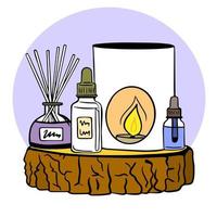 set of items on wooden stand - an aroma diffuser with bamboo sticks, candle in candlestick, aroma oils with pipette. Thai spa therapy.  wonderful spa composition. vector