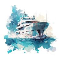 watercolor luxury Yacht on the beautiful blue ocean.Hand drawn illustration, Free Vector