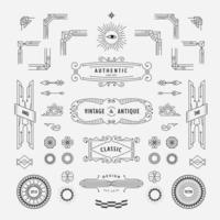 Set of linear thin line geometric shape vintage art deco retro design elements with frame corner badge vector