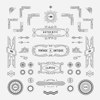 Set of linear thin line geometric shape vintage art deco retro design elements with frame corner badge