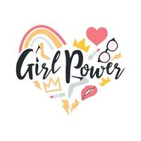 Heart-shaped set of high heel shoes, lipstick, crown, glasses, lightning. 'Girl Power' concept in flat style. Feminism. Vector illustration for International women's day.