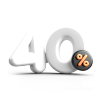 3D render 40 Percentage sale discount white color transparent for shop png