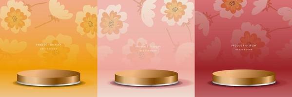 Set of 3D luxury retro flower background with realistic cylinder pedestal podium. Mockup product display. Stand to show cosmetic products. Minimal wall scene. Stage showcase. vector