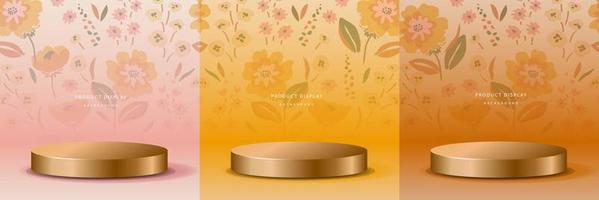 Set of 3D luxury retro flower background with realistic cylinder pedestal podium. Mockup product display. Stand to show cosmetic products. Minimal wall scene. Stage showcase. vector