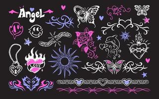 A set of temporary transferable retro tattoos. Girl emo style. Heart, Blades, Roses, Chain, Butterfly, Skull vector