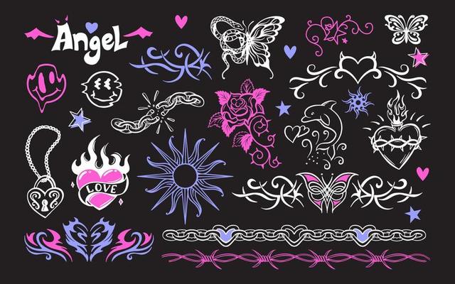 A set of temporary transferable retro tattoos. Girl emo style. Heart, Blades, Roses, Chain, Butterfly, Skull