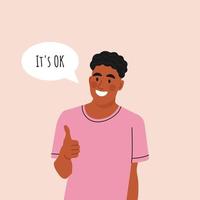 Smiling african american young man Gesturing in Gratitude. Concept of positive Feedback, Acknowledgement and Gratitude. Flat vector illustration.