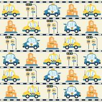 Vector cartoon seamless pattern of vehicles with city traffic elements