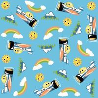 vector cartoon seamless pattern of cute airplane with sky objects and mountains