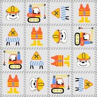 vector cartoon seamless pattern of construction elements with funny monkey smile face