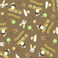 Vector cartoon pattern. Steam train elements with funny rabbit