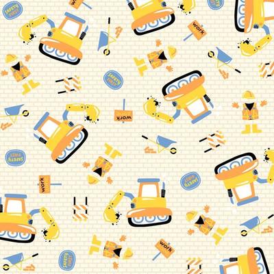 Vector cartoon pattern. Construction vehicles with construction elements