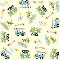 vector cartoon seamless pattern, cute frog wearing sunglasses with car, beach summer vacation elements