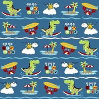 Vector cartoon seamless pattern, cute dinosaur with crab surfing in the beach, summer beach vacation elements