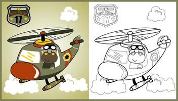 vector cartoon of cute hippo soldier on military helicopter, coloring page or book