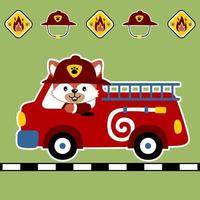 Cute fox driving firetruck with fire engine elements, vector cartoon illustration