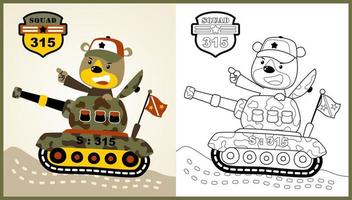 vector cartoon of funny bear soldier driving armored vehicle, coloring page or book