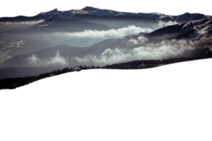 Over clouds mountain peaks and forests isolated PNG photo with transparent background. High quality cut out scene element. Realistic image overlay for website design, layout, social media