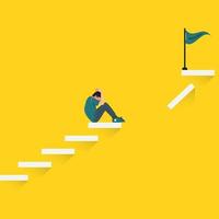 Depressed man sitting on the stairs with success flag on the top of stairs. Failure in life illustration vector