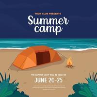 Summer night camp at beautiful beach vector illustration. Summer camp event flyer design.