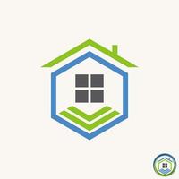 Simple and unique hexagon with roof house and window on circle around image graphic icon logo design abstract concept vector stock. Can be used as symbol related to home property or home