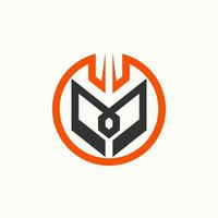 Simple but unique emblem with letter or word M font inside like trojan helmet image graphic icon logo design abstract concept vector stock. Can be used as symbol related to army or monogram