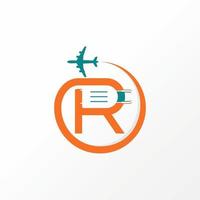 único letra r sans serif fuente con circulo línea, avión volar, y maleta imagen gráfico icono logo diseño resumen concepto vector existencias. lata ser usado como un símbolo relacionado a inicial o viaje vacaciones