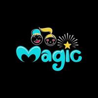 Writing MAGIC with boy and girl children, love, star, also ray image graphic icon logo design abstract concept vector stock. Can be used as a symbol related to entertainment or player profession