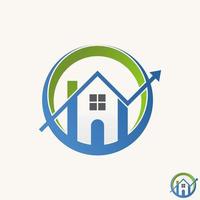 Simple and unique home with arrow trading or chart on cut circle image graphic icon logo design abstract concept vector stock. Can be used as a symbol related to property or development