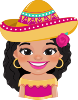 söt flicka i mexikansk folk utrusta bär sombrero hatt för fira cinco de mayo festival tecknad serie png
