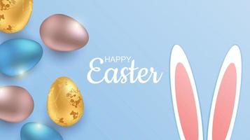 Greeting Easter background with realistic Easter eggs. Top view with copy space vector