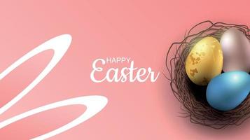 Greeting Easter background with realistic Easter eggs. Top view with copy space vector