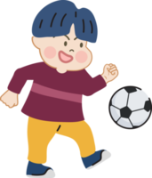 Lycklig söt unge spelar fotboll eller fotboll tecknad serie karaktär klotter hand dragen design för dekoration. png