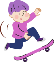 Happy cute kid playing skateboard cartoon character doodle hand drawn design for decoration. png