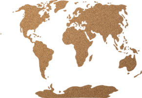 World map cork wood texture cut out on transparent background. png