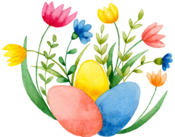 Watercolor Easter eggs and flowers illustration. Hand drawn watercolor Easter greeting card png