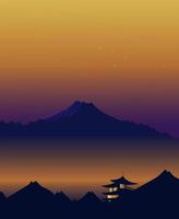 cyberpunk noche paisaje pagoda en contra el fondo de montañas. futurista retro póster vector