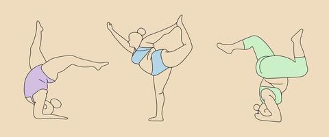 cuerpo positivo yoga conjunto de muchachas en diferente asanas vector