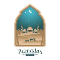 Ramadan greeting card mosque in the middle of desert illustration design vector