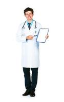 Smiling male doctor showing clipboard with copy space for text photo