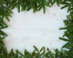 Navidad árbol ramas en blanco de madera textura Listo para tu diseño foto