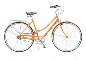Stylish womens orange bicycle isolated on white photo