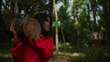 asiático mujer en un rojo blusa que lleva un árbol maletero en su espalda en el bosque video