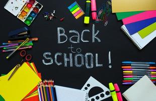 School supplies on blackboard background photo