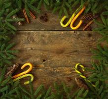 Christmas tree branch with cones, cinnamon, dittany and candy cane on wooden background with copyspace photo