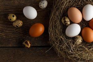 Chicken and quail eggs in a nest on a wooden rustic background photo