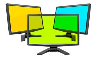 Three monitors on white background photo